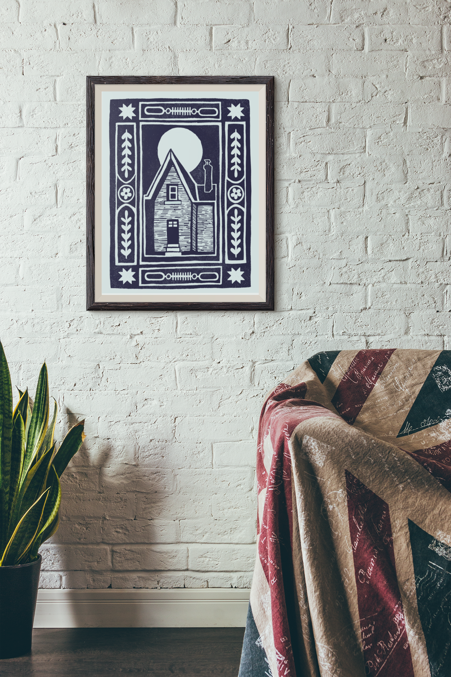 Haunted House Block Print - Navy Blue