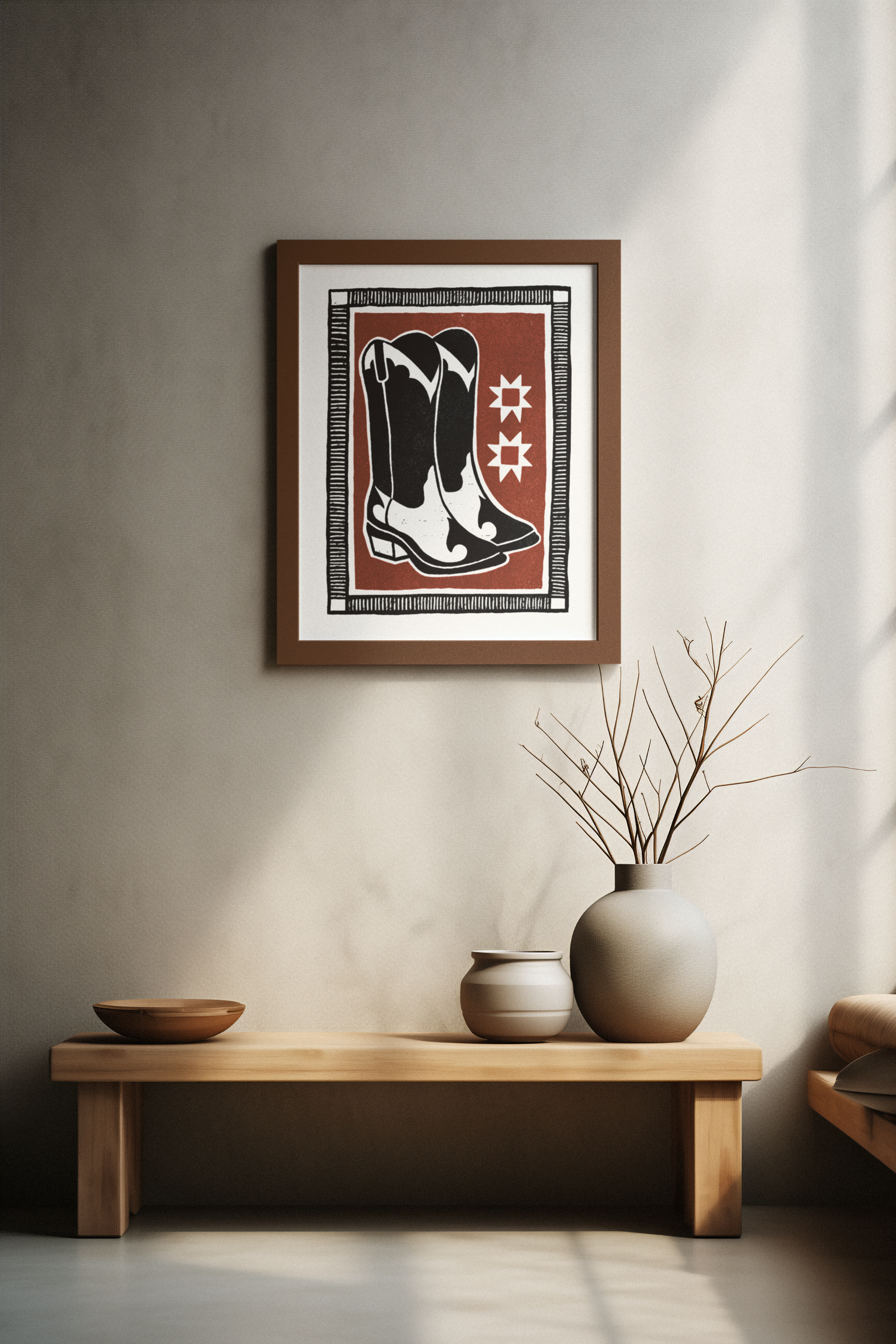 Red Cowboy Boot Block Print Poster