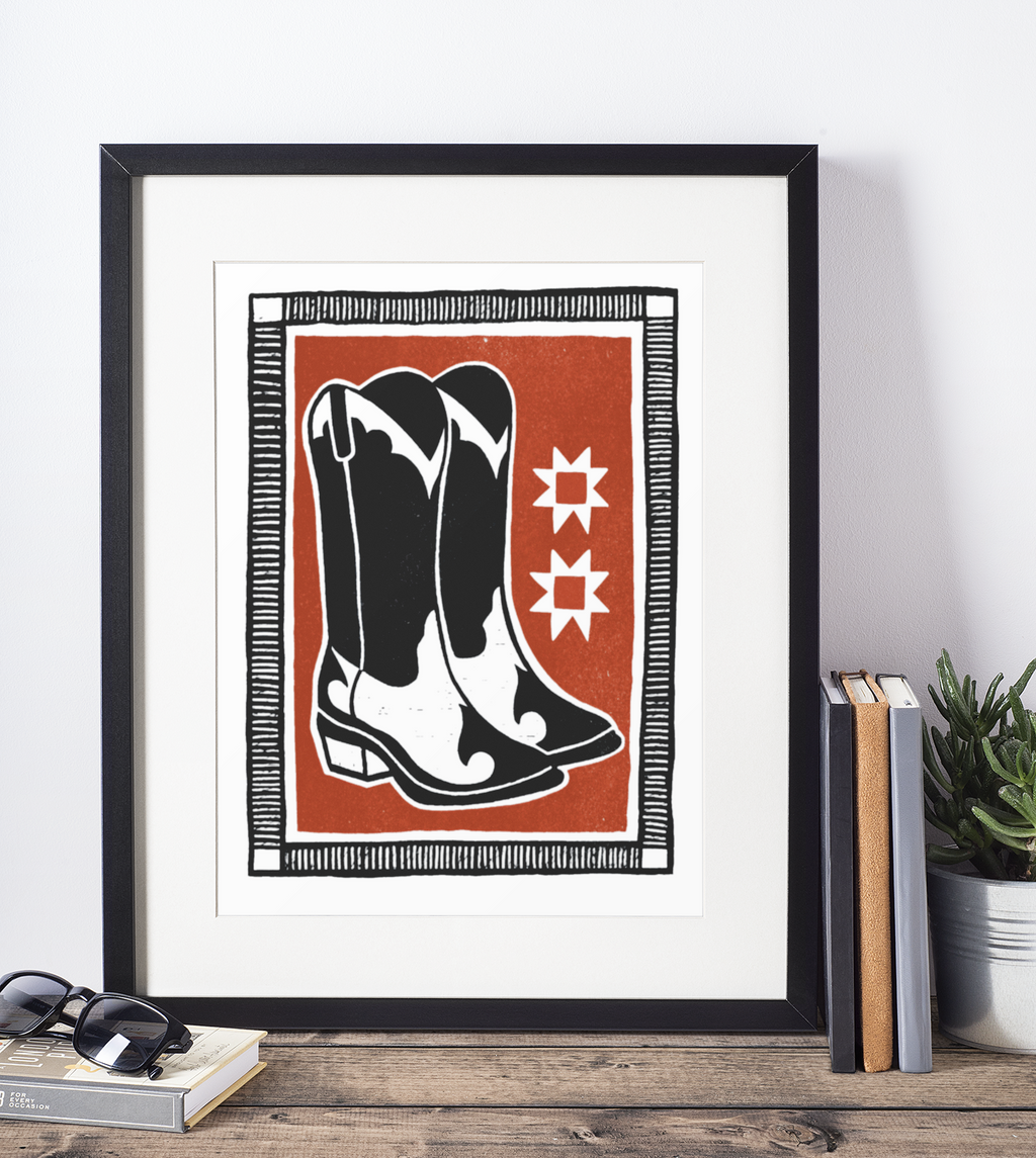 Red Cowboy Boot Block Print Poster