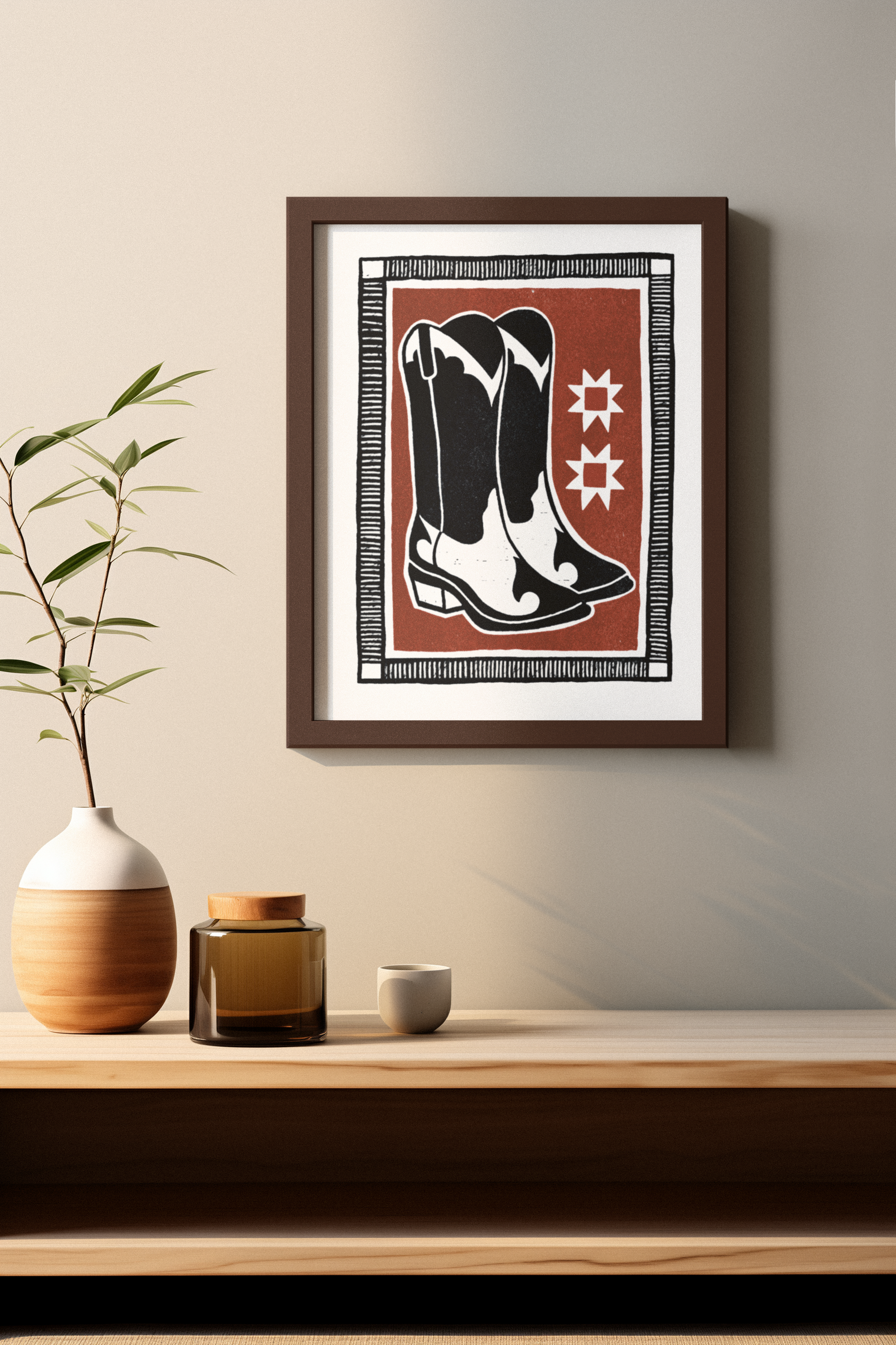 Red Cowboy Boot Block Print Poster
