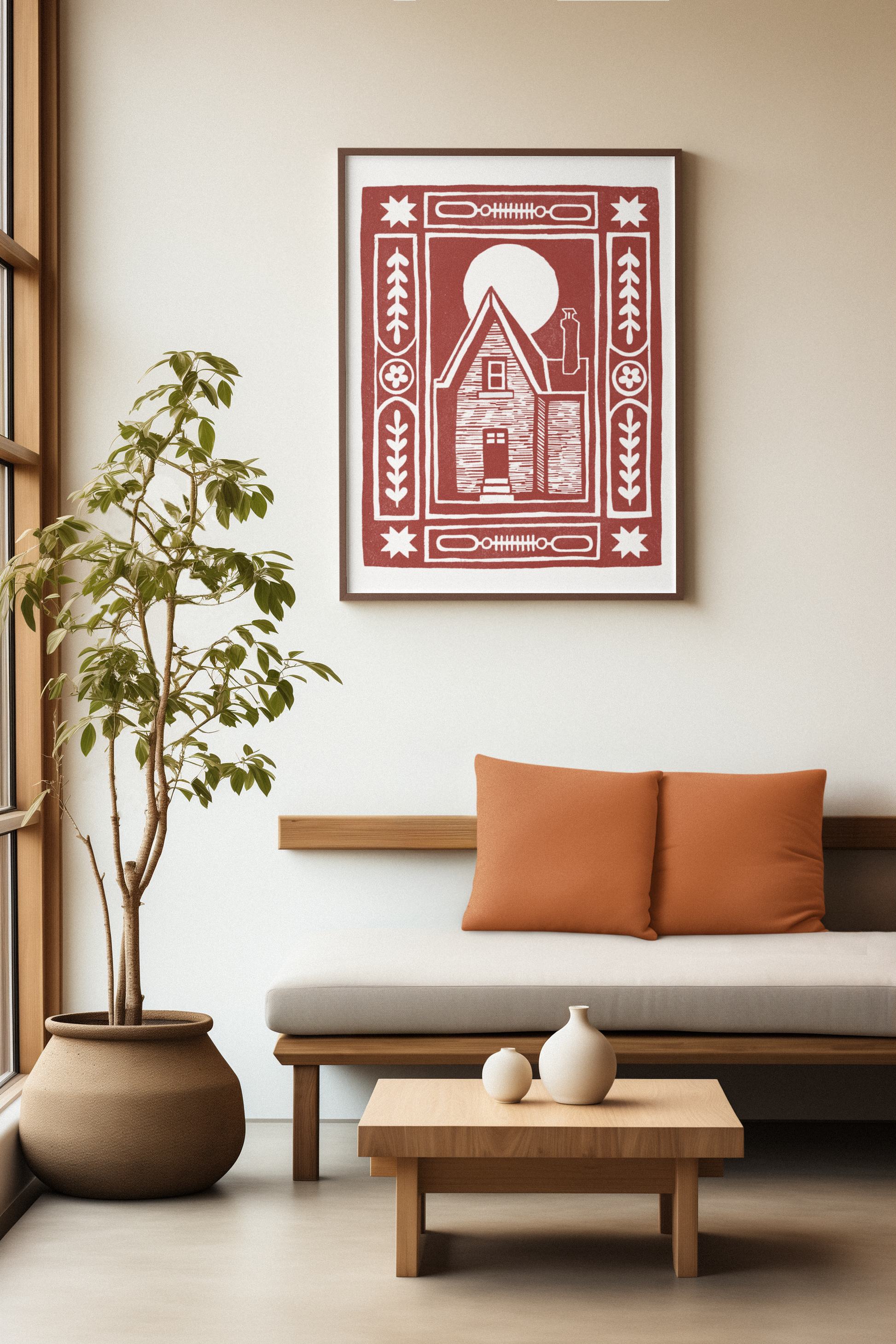 Haunted House Block Print - Rust Orange